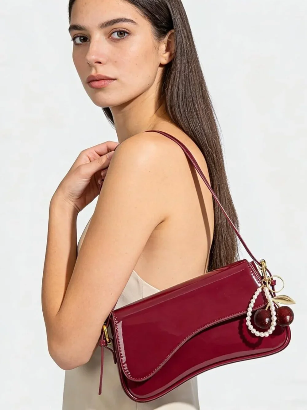 Women's Red Faux Leather Cherry Pendant Crossbody Shoulder Bag and Handbags